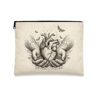 Beauty case vintage con illustrazione anatomica di falena a forma di cuore | Illustrazione anatomica del cuore, astuccio con cerniera per trucco, stile vintage incisione, motivo falene e viti