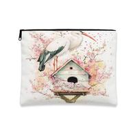 Beauty case vintage floreale, con cicogna e casetta per gli uccelli, borsa da viaggio per donne, organizer portatile in tela con cerniera, borsa da toilette primaverile per la cura della pelle, 17,8 x