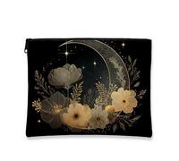 Beauty case vintage floreale con luna ed eleganti fiori in tela con cerniera, organizer da viaggio per donne, borsa da toilette portatile per la cura della pelle, regalo per le vacanze, dorato, 7x9
