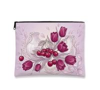 Beauty case vintage floreale, con tulipani e ciliegie, borsa da viaggio per donne, organizer portatile in tela con cerniera, borsa da toilette primaverile per la cura della pelle, 17,8 x 22,9 cm
