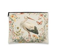Beauty case vintage floreale, design con cicogna e farfalla, astuccio da viaggio per donne, organizer portatile in tela con cerniera, borsa da toilette primaverile per la cura della pelle, 17,8 x 22,9