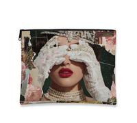 Beauty case vintage floreale, elegante astuccio da viaggio per cosmetici con rose e perle, per donne, organizer compatto in tela con cerniera, scelta perfetta per festival e primavera, Pesca, 7x9 Inch
