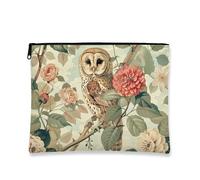 Beauty case vintage floreale, gufo e fiori, borsa portatile da viaggio per donne, piccola cerniera organizer per articoli da toeletta, scelta perfetta per primavera ed estate, Crema, 7x9 Inch, Gufo