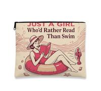 Beauty case vintage retrò, con scritta in inglese "Just a Girl Who'D Rather Read Than Swim", organizer portatile in tela con cerniera per donne, beauty case estivo da viaggio in spiaggia, Beige, 7x9