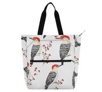 Beauty Red - Borsa per libri con picchio dal ventre e uccellini bianchi, borsa per libri per ragazzi e adulti, impermeabile, riutilizzabile, borsa da spiaggia con cerniera, per scuola, shopping