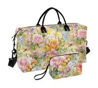 Beauty Spring Flowers District of American Beauty Rose Dragonfly and The Bee_4 - Borsone decorativo per weekender/pernottamento, palestra, sport, con cinghia regolabile, set da 2 pezzi