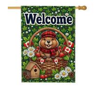 Beaver House Flag, cesto stagionale fantasioso con crisantemo verde estivo su entrambi i lati, decorativo per esterni, cortile, prato, patio, porta d'ingresso, 71 x 101 cm