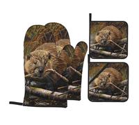 Beaver - Set di guanti da forno e presine con stampa lavorativa, guanti antiscivolo per cottura alla griglia