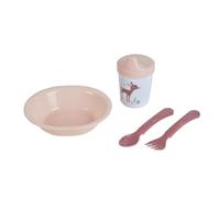 Bébé Douceur, Set pasto 4 pezzi con piatto + posate + tazza in plastica con punta magica