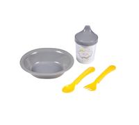 BEBE - Set pasto 4 pezzi con piatto + posate + tazza di plastica Essen'Ciel, colore: Grigio