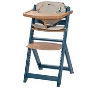 Bebeconfort Timba + Cuscino, Seggiolone Pappa in Legno, 6 mesi-10 anni, 30 kg, con Vassoio, Seduta/Poggiapiedi Regolabili, Compatibile con Sdraietta Timba Baby, Colore Petrol Blu + Happy Day
