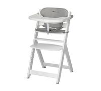 Bebeconfort Timba + Cuscino, Seggiolone Pappa in Legno, 6 mesi-10 anni, 30 kg, con Vassoio, Seduta/Poggiapiedi Regolabili, Compatibile con Sdraietta Timba Baby, White + Gray Mist