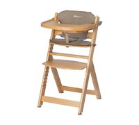 Bebeconfort Timba + Cuscino, Seggiolone Pappa in Legno, 6 mesi-10 anni, 30 kg, con Vassoio, Seduta/Poggiapiedi Regolabili, Compatibile con Sdraietta Timba Baby, Colore Legno Naturale + Beige