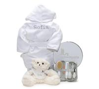 BebeDeParis | Cesto con accappatoio personalizzato e orsacchiotto | Include custodia per la cura e il bagno del bambino, realizzato a mano in Spagna, Bianco