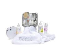 BebeDeParis | Cesto cosmetico naturale con mussola personalizzata | Ricamo in tre colori: rosa, blu o grigio | Per la cura e il bagno del bambino