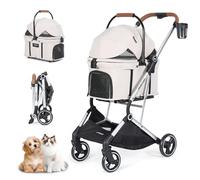 Beberoad T3 Pro Pet Stroller 3 in 1 Dog Cat Stroller for Small Medium Dogs Cats, Foldable Lightweight Detachable Carrier Pet Travel Dog Stroller with Frosted Frame and Upgraded Fabric Upgrade Beige
