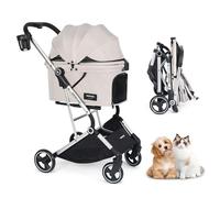 Beberoad T4 Passeggino per animali domestici, per cani di piccola taglia media e gatti, 4 ruote da viaggio, pieghevole, impermeabile, con imbottitura, Canopy e Cup Holder, beige