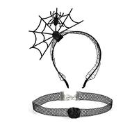 BEBIKR Cerchietto per capelli da donna, 2 pezzi, per cosplay, feste, ragnatela, cerchietto per capelli e girocollo in pizzo, stile punk, divertente, per feste di Halloween