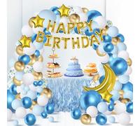 BEBOAN Palloncini di buon compleanno, kit per arco di palloncini da 125 pezzi, in lattice blu, oro bianco, confezione per feste di compleanno, palloncini a stelle e luna, coriandoli palloncini