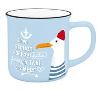 Becher in Emmailoptik "Einen großen Kaffee bitte und ein Taxi zum Meer"