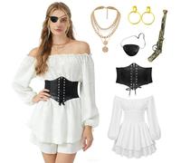 bechoanigel Costume da pirata da donna, colore bianco, medievale, camicetta da donna con accessori pirati, cintura corsetto, costume da pirata, costume da pirata da donna, per Halloween, Carnevale