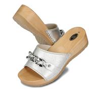 BeComfy Zoccoli in Legno da Donna Catena - Sabot Aperti in Pelle, Scarpe da Giardino, Pantofole, Ciabatte - Taglie 36-41 EU (Argento, Sistema Taglie Calzature EU, Adulto, Numero, Media, 39)