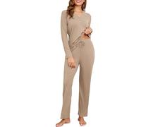 Becotal Pigiama da Donna, Lungo, Set da 2 Pezzi, in Cotone, a Costine, Tinta Unita, per Il Tempo Libero, Set da 2 Pezzi, Cachi, XXL
