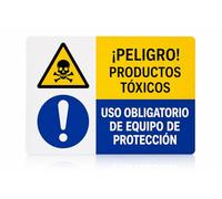 Becral® Cartello combinato pericolo! PRODUCTOS TOXICOS + Uso Obbligatorio de Equipo de Protección 300 x 200 mm | Adesivo in vinile per la sicurezza del lavoro PRL