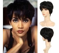 BECSU Parrucche Corte per Donna Parrucca Nera con Taglio Pixie Parrucche per Capelli Corti con Frangetta Parrucca Sintetica per Cosplay Quotidiano (Nero Naturale)
