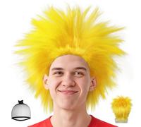 BECULINA Parrucca gialla Spiky 【+ cappuccio per capelli】 Capelli sintetici divertenti e folli parrucche gialle per cosplay per uomini, sport, eventi estivi, feste, costume divertente per adulti e