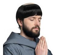 BECULINA Parrucca monastica nera con cappuccio calvo e cappuccio per capelli da uomo, capelli neri e divertenti, parrucche nere corte per monaco, cosplay, costume per Halloween, Natale, eventi, feste