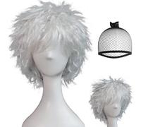BECULINA Parrucca spinato d'argento con cappuccio per capelli, parrucche corte a strati bianchi con frangetta da uomo argentata disordinata soffice parrucca cosplay per Halloween festa di Natale
