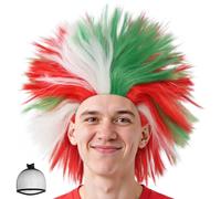 BECULINA Parrucche pazze verdi bianche rosse 【+cappuccio per capelli】 Parrucca sintetica corta colorata divertente pazza per celebrazione calcio sport fan parrucche per adulti uomini Halloween costume
