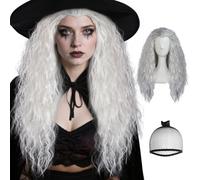 BECULINA Parrucche ricci grigie 【+ cappuccio per capelli】 Parrucche lunghe in argento per donne sintetiche vecchie signore Cosplay parrucca da donna divertente folle lunga grigia per Halloween costume