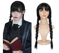 BECUS Parrucca lunga da donna, con treccia lunga, nera, con frangia, per Halloween, cosplay, feste in maschera, per famiglia, 55-58 cm