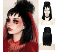 Becus Parrucca lunga nera per cosplay con color, parrucca nera Bob con frangia, retina per capelli per Halloween, feste e cosplay, parrucca sintetica (nero)
