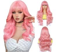 BECUS Parrucca sintetica da donna, parrucca sintetica da donna, capelli ricci naturali con frangia dritta, per cosplay, feste e costumi di Halloween (58,4 cm)