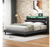 bed capitonné, double en tête de, fonctionnel avec lumière LED et port USB, structure letto par adulte en rete, matériau Lino, gris G2h3I8
