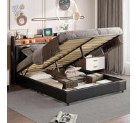 bed coffre double rembourré avec éclairage LED et USB, espace de rangement, avec sommier à lattes en bois et cadre en métal en polyuréthane avec dossier moelleux, noir 4P8q2R