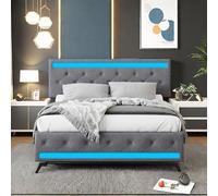 bed double avec rangement, éclairage LED, 4 tiroirs, fonction de rangement, chargement USB, montage rapide, cadre de en métal et lin, classique, pour adulte, idéal pour la chambre à coucher 3D8e2F