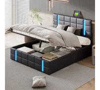 bed double avec rangement, éclairage LED, tige à gaz, fonction de rangement, chargement USB, assemblage rapide, cadre de en métal PU, classique, pour adulte, convient pour la chambre à coucher X2y9Z7