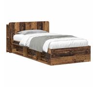 Bed Frame with Storage Drawers Antique Wood 100 x 200 cm for Small Bedrooms Stable Slatted Base Space Saving Solution Modern Wooden Bed Base with Headboard for Durable Construction Easy Assembly