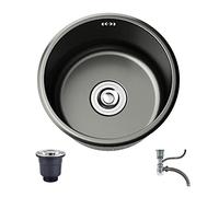BEdaw Lavello da Cucina a Vasca Singola, Lavello da Cucina Sottotop in Acciaio Inossidabile Nero, Lavello Rotondo con Rubinetto, Lavelli da Cucina per Balcone Cucina Bar/Black/32 * 32Cm
