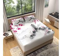 Bedding Ink Painting Pagoda 3PC Fitted Sheet Set, White Black Soft Brushed Microfibre King Fitted Sheet Deep Pocket 11.8 inch (30 cm) Shrinkage Fade Resistant Easy Care with 2 Pillow Cases