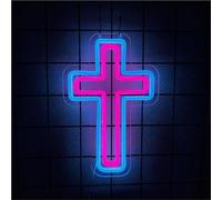 BedEuu Gesù Neon Sign - Croce dimmerabile LED Decorazione da parete per camera da letto, soggiorno, chiesa, regali di Natale e Pasqua, decorazione religiosa per la casa 15,75 pollici (Pink-Blue)
