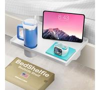 BedShelfie Essenziale Comodino Mensola con Cupholder College Dorm Room Essentials Caddy & Letto a Castello Mensola Vassoio Tavolo per Top Organizer Visto (Lg 17 x 11,6 Bianco Plastica)