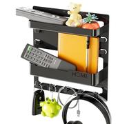Bedside Floating Shelf, Screen Stick on Storage Rack, Aesthetic Wall Mounted Organizer, 24x23x5.4cm, Space Saving Design, Accessory Holder with Hooks, Cable Clips for Bedroom