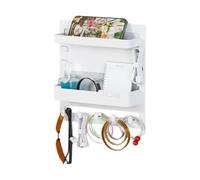 Bedside Floating Shelf, Screen Stick on Storage Rack, Aesthetic Wall Mounted Organizer, 24x23x5.4cm, Space Saving Design, Accessory Holder with Hooks, Cable Clips for Bedroom