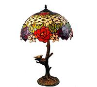 Bedside Lamp Table Lamp Stained Glass Red Rose Green Leaf Lampshade 15 inch Reading Light for Bedroom Living Room Study Office