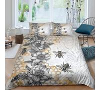 Bee and flower artcopripiumino ultra microfibra 3 pezzi motivo 3D con cerniera Black white floral Set Di Copripiumino con federa soffice morbida for adolescenti Single（140x200cm）